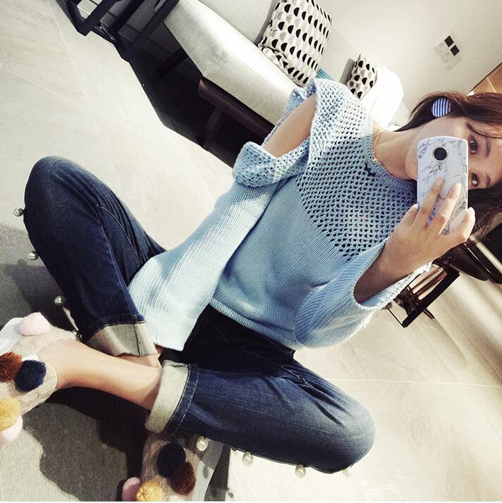 New design womens spring o-neck long sleeve ruffles patchwork off shoulder hollow out gray blue color knitted sweater top jumpers