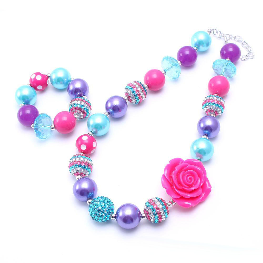Teal+Hot Pink Kid Chunky Necklace Bracelet Set Big Rose Flower Children Girl Toddler Bubblegum Chunky Bead Necklace Jewelry Set