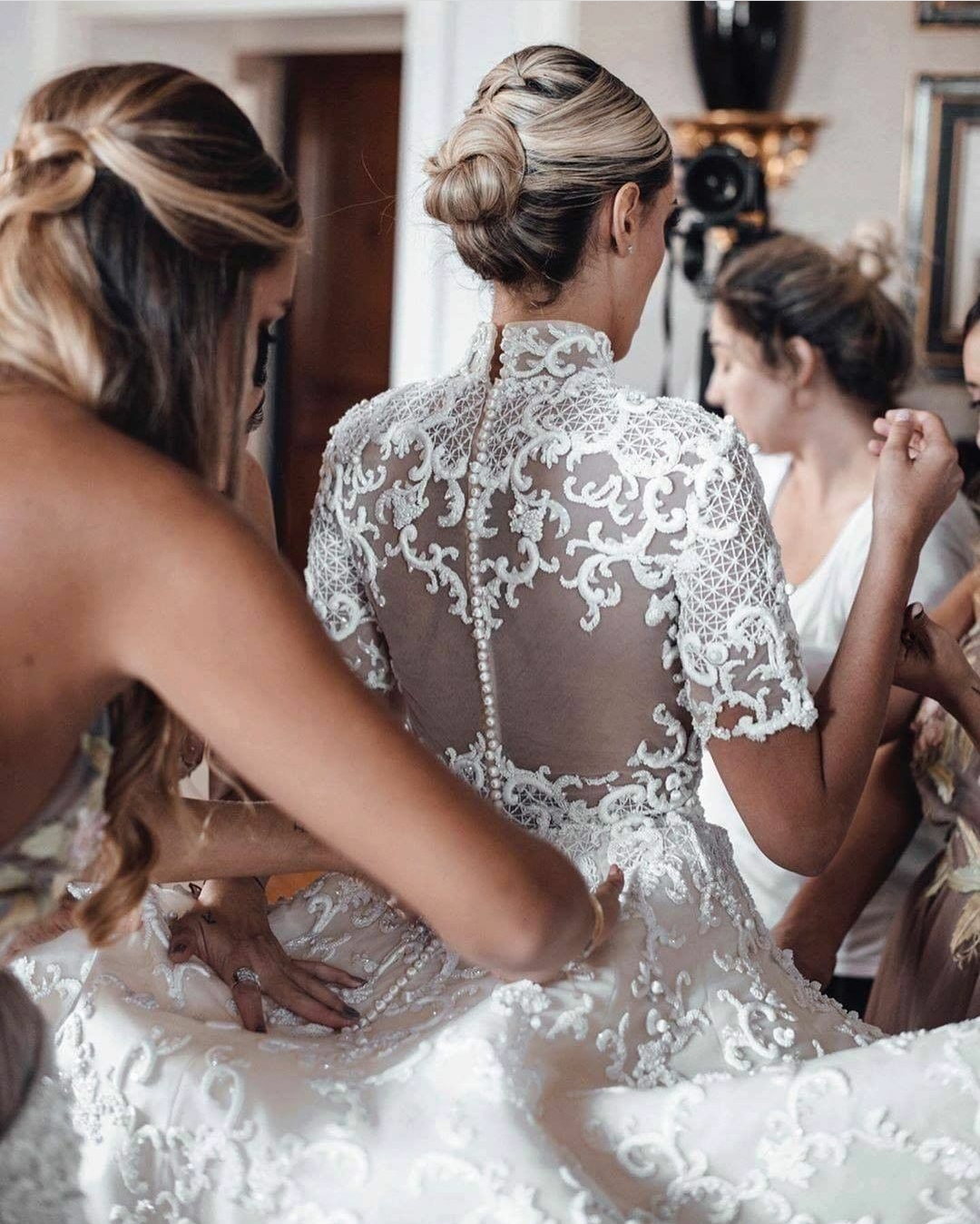 High Collar Lace Dresses Ruffles Long Train Short Sleeves Country Wedding Gowns Buttons Back Beaded Robe De Mariee