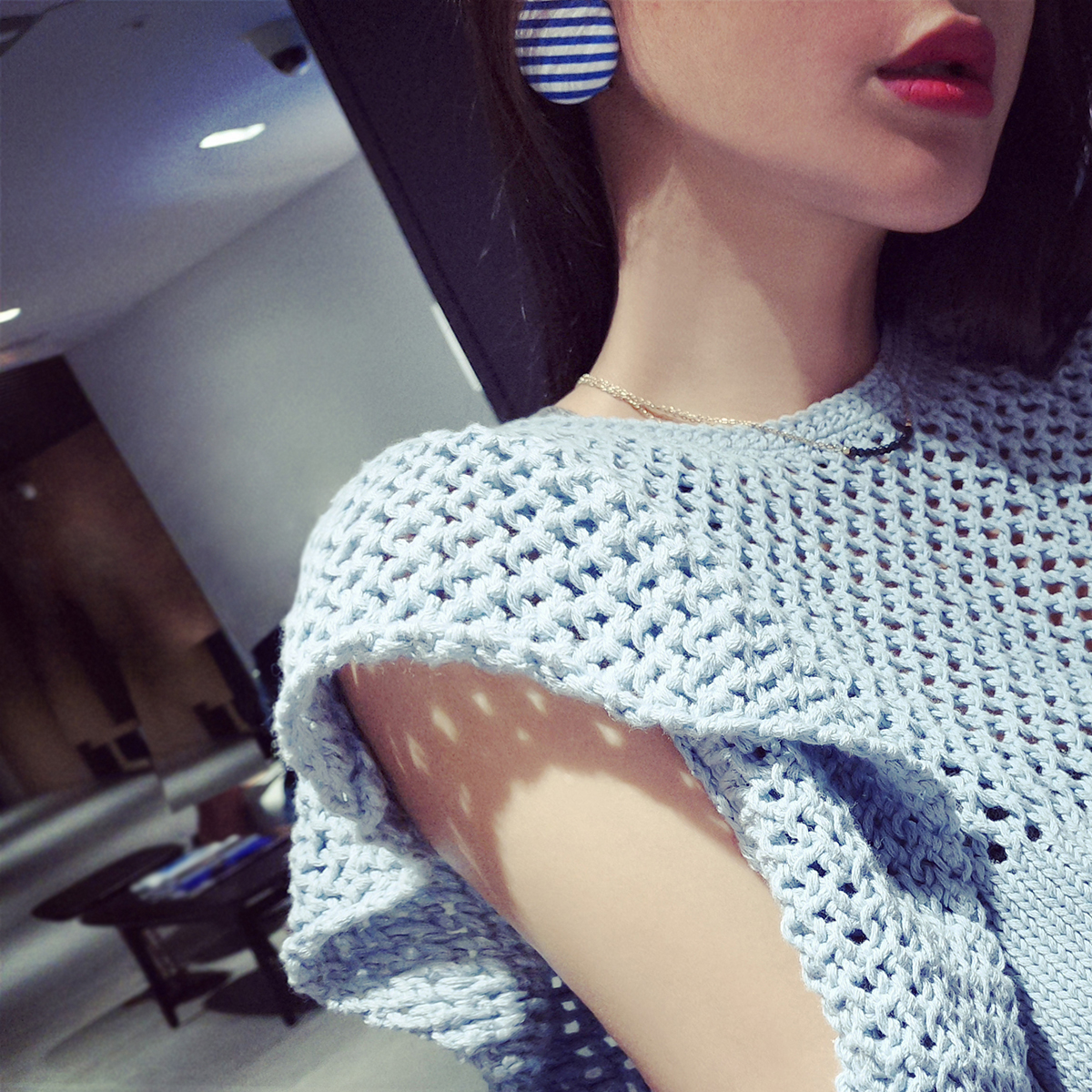 New design womens spring o-neck long sleeve ruffles patchwork off shoulder hollow out gray blue color knitted sweater top jumpers