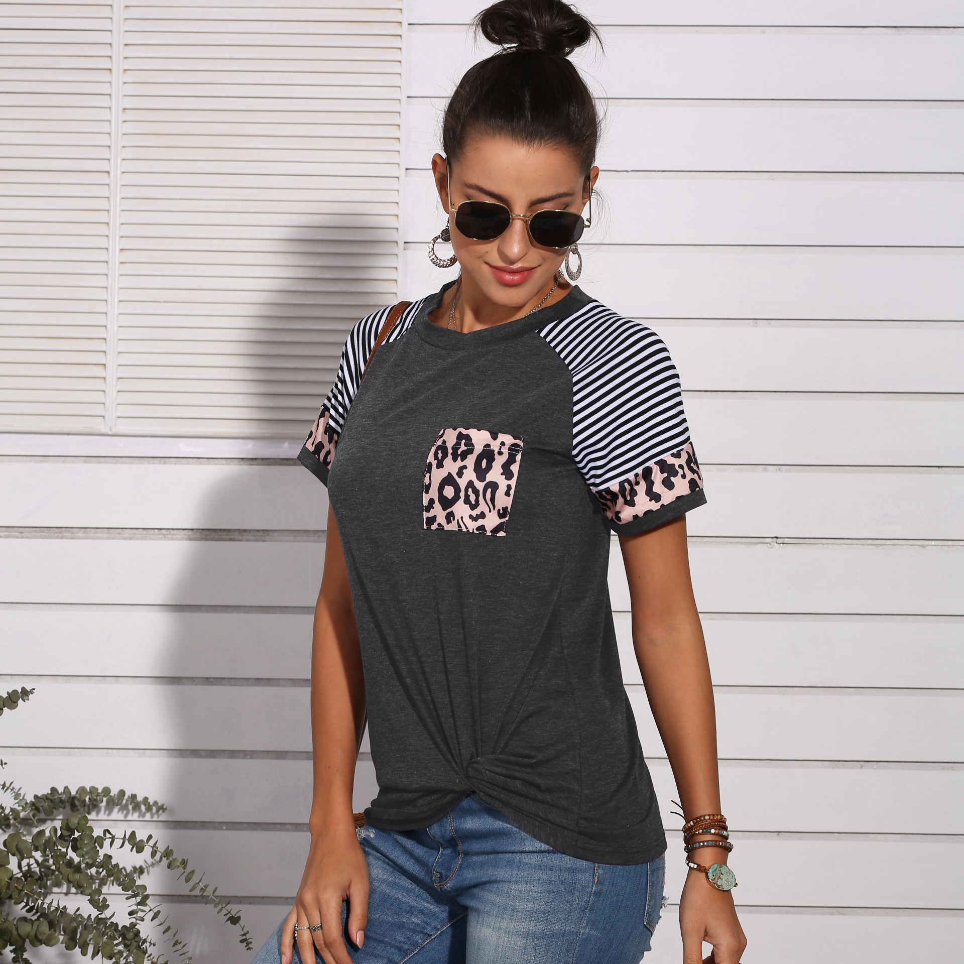 Fashion Women Casual Short Sleeve Summer T-shirt Leopard Stripes Stitching T shirt Top Tees Femme Ladies Tshirt Clothes Soft