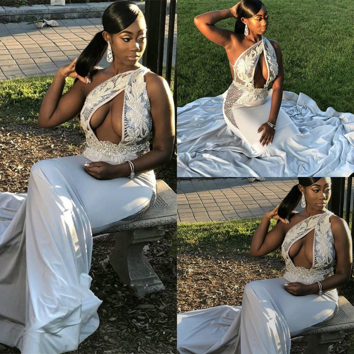 2019 Silver Prom Dresses One Shoulder Lace Appliqued Beads Satin Sweep Train Mermaid Evening Gowns Plus Size Formal Party Dress