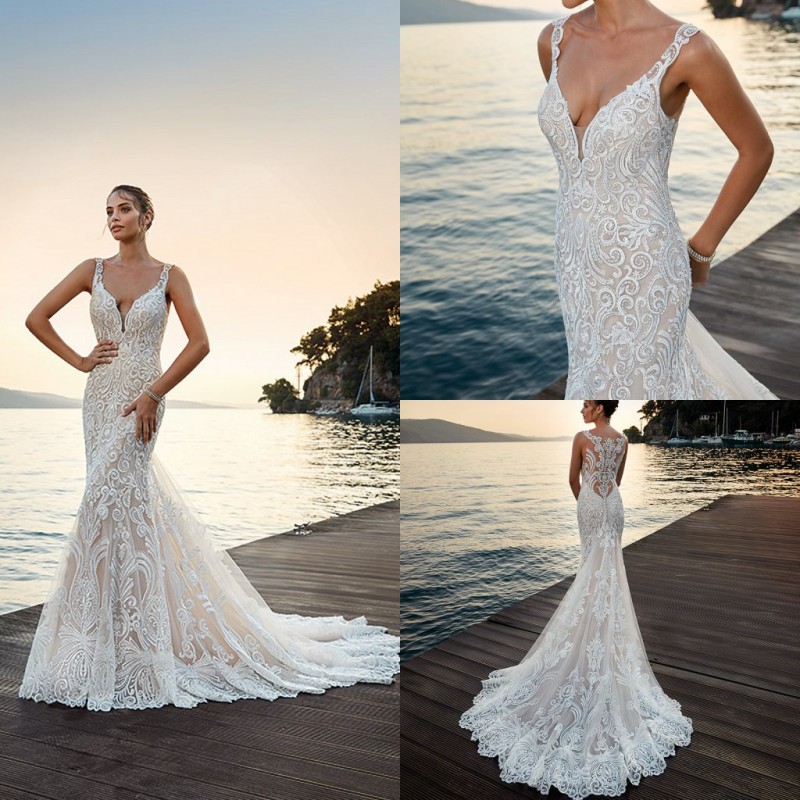 eddy k new arrival mermaid dresses full lace appliqued bridal gowns v neck country boho beach wedding dress