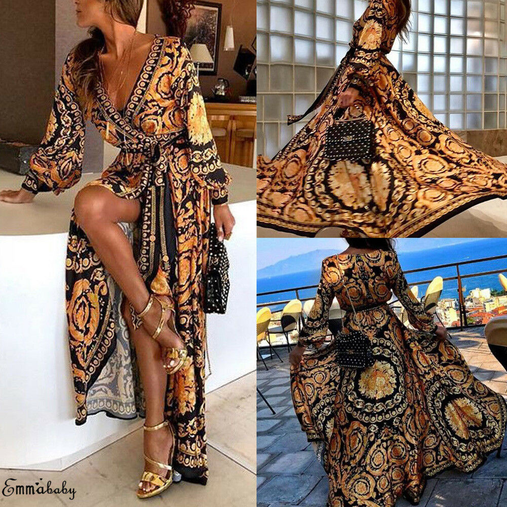 Fashion-Casual Womens Boho Wrap Formal Wedding Bridesmaid Long Maxi Dress Loose Beach Holiday Summer Dress Beach Sundress