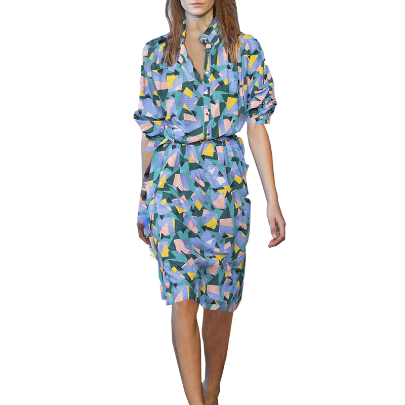 woman summer clothes geometrical pattern large size dress stand collar buttons closure 3/4 sleeved knee length straight dress, Multi
woman summer clothes geometrical pattern large size dress stand collar buttons closure 3/4 sleeved knee length straight dress, Multi