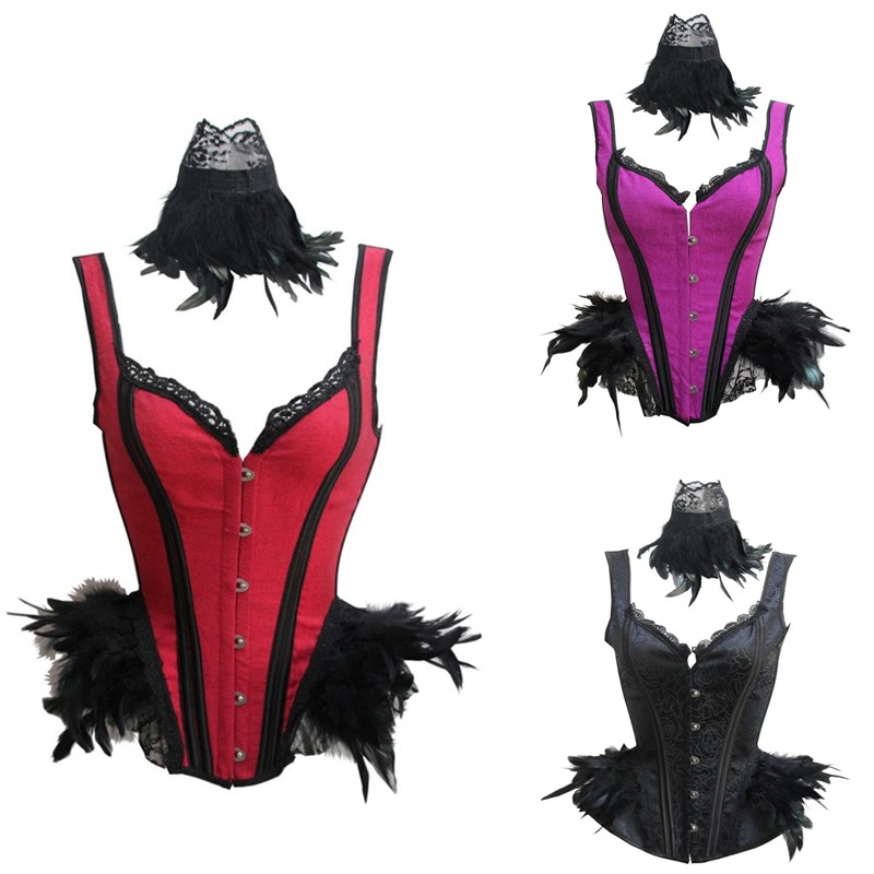 Women 3pcs Set Vintage Corset Top with Feathers Cape and Collar Outfit Halloween Burlesque Party Halterneck Side Hip Curve Overbust Corset