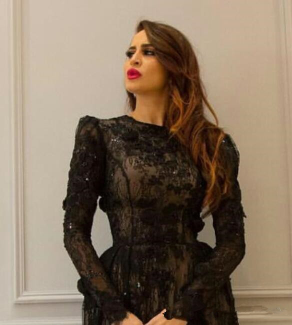 little black dress tealength 3d floral evening dresses with long sleeve yousef aljasmi lace arabic occasion prom gowns
