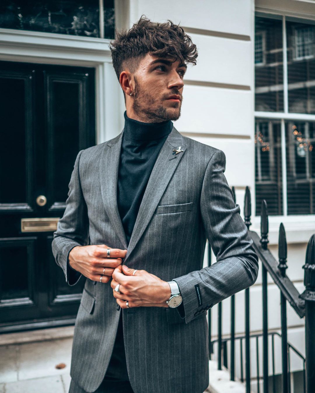 Vintage Gray Stripe Mens Wedding Suits Slim Fit Two Button Peaked Lapel Groom Wear Tuxedos Formal Prom Blazer Jacket (Jacket+Pants)