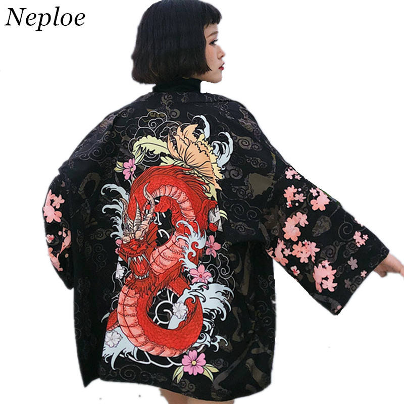 Wholesale-Neploe Japanese Women Cardigan Half Sleeve V-neck Kimono Blouses Chinese Dragon Print Coat Loose Sun-protective Shirts 35349