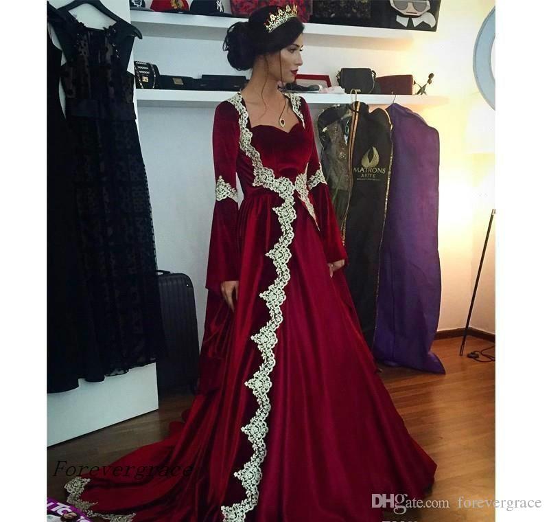2019 New Arabic Dubai Long Sleeves Kaftan Evening Dress Vintage Modest Cheap Burgundy Formal Celebrity Party Gown Custom Made Plus Size