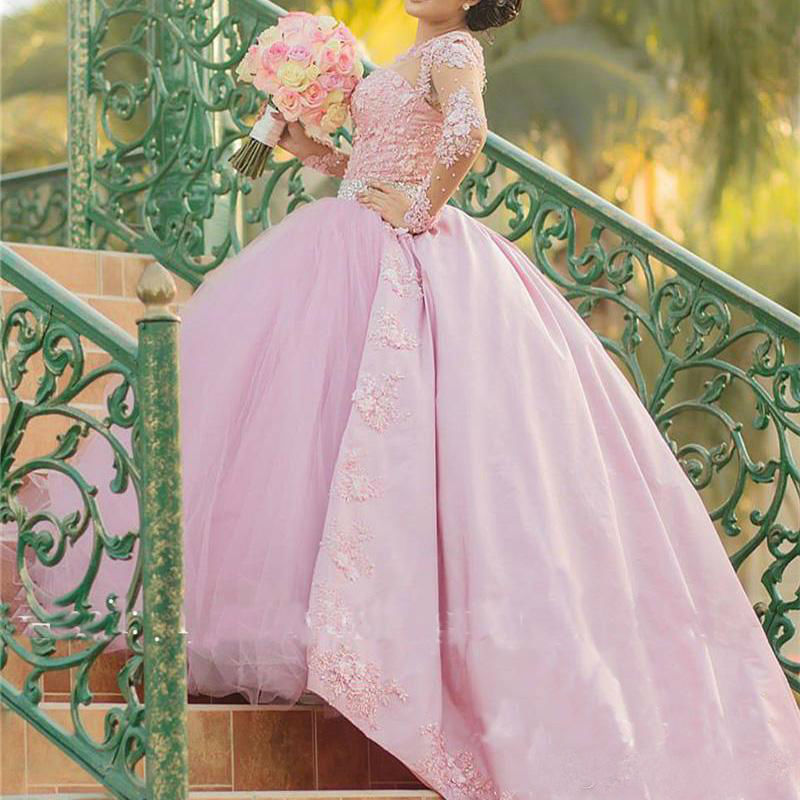 Quinceanera Pink Vintage Prom Dresses Lace Long Sleeve Beaded Ball Gown Formal Evening Dress Dubai Arabic Plus Size Pageant Gowns