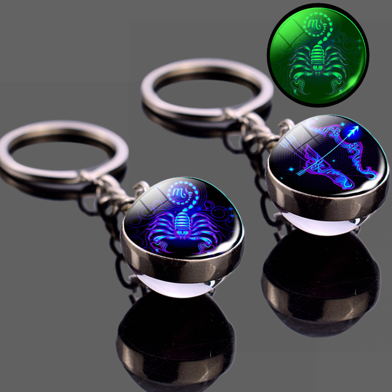 Glow In 12 Zodiac Sign Keychain Sphere Ball Crystal Key Rings Scorpio Leo Aries Constellation Birthday Gift for Women and Mens