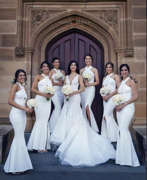 Simple Mermaid Bridesmaid Dresses Sleeveless Cross Neck Front Slit Garden Wedding Guest Party Gowns Satin Maid Of Honor