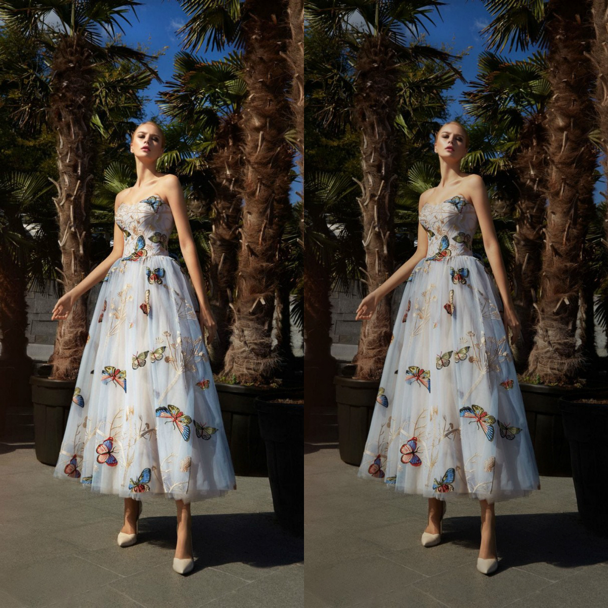 fairy a line prom dresses strapless colorful butterfly applique ankle length evening gowns plus size formal party dress robes de soire