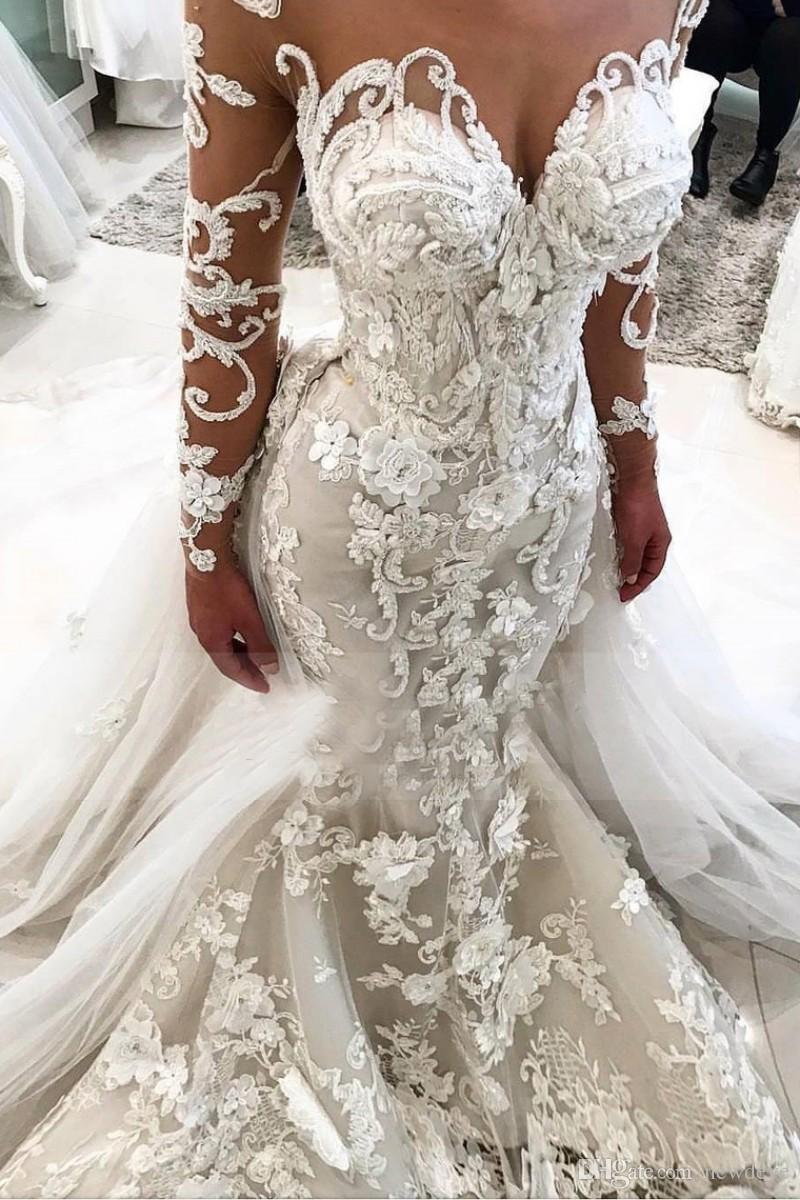 Elegant Mermaid Wedding Dresses Jewel Poet Long Sleeve Covered Button Applique Lace Bridal Dresses Court Train Abiti Da Sposa