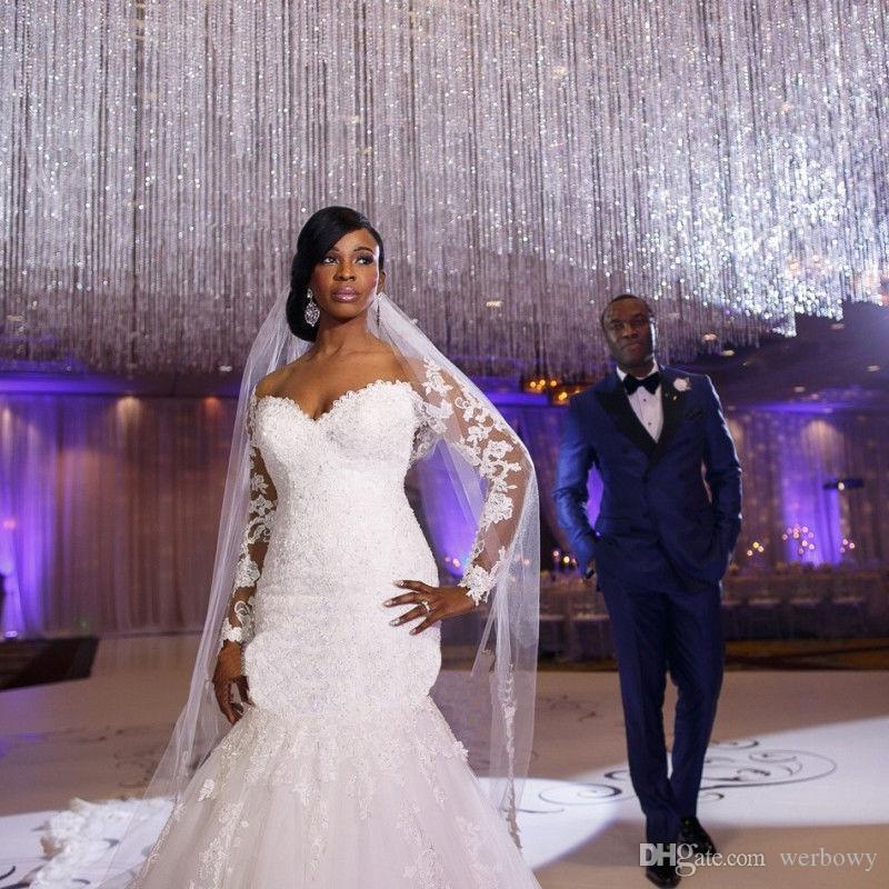 African Plus Size Wedding Dress Off The Shoulder Long Sleeves Lace Appliques Lace Custom Made Mermaid Wedding Gowns Bridal Dress