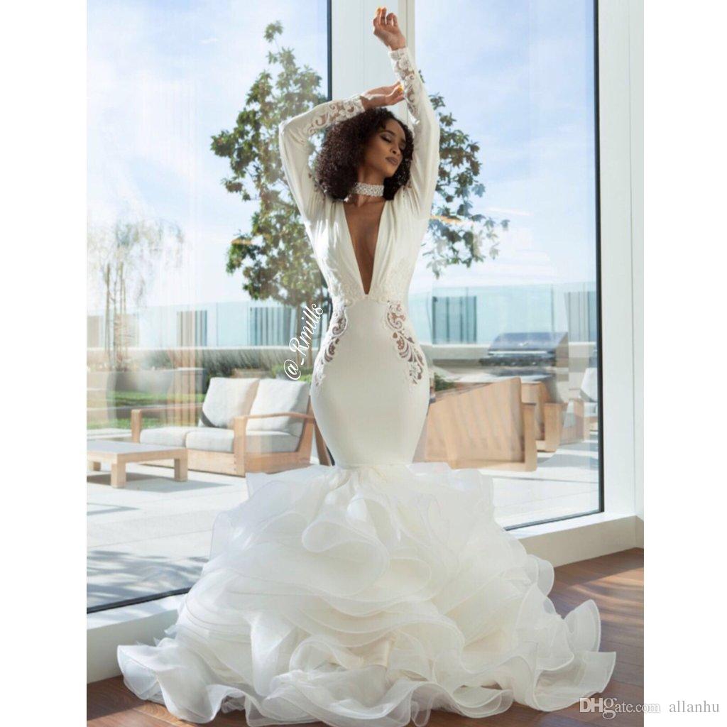 Elegant Arabic Dubai Mermaid Wedding Dresses V Neck Long Sleeves Tiered Organza Open Back Bridal Gowns Floor Length Formal Dress For Women