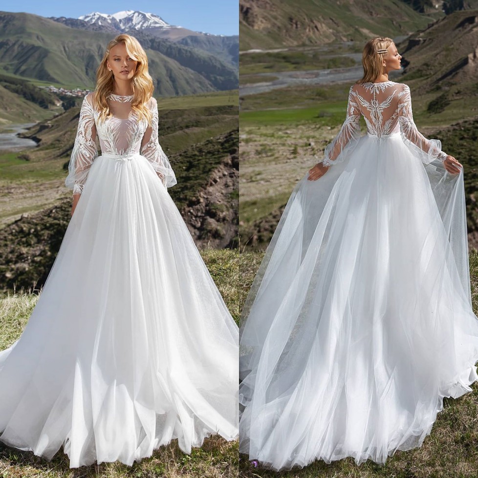 Appliqued Wedding Flawless Dresses Sheer Bateau Neck Long Sleeves Bridal Gowns A Line Sweep Train Tulle Robe De Marie