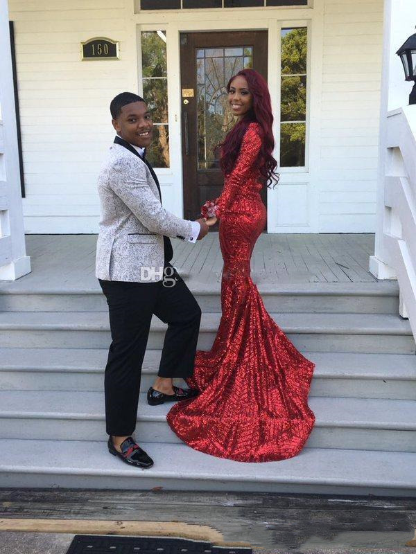 African Girl Simple Sequined Red Prom Dresses Long Sleeve V Neck Mermaid Pageant Dress Formal Evening Party Gowns Custom Made 0510