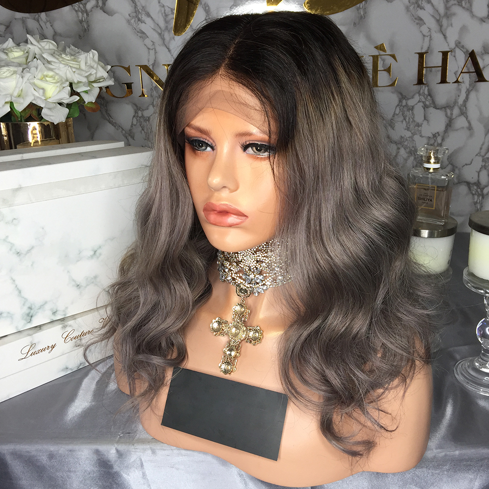 180density ombre grey Lace Front synthetic Wigs With Baby Hair Middle Ratio 13*4 body wave Lace Wig For Women Bleached Knots Pre-plucked