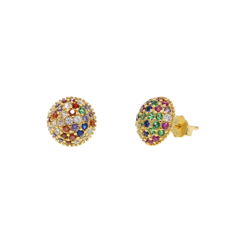 Half round ball stud earring micro pave rainbow colorful cubic zirconia Gold plated 925 sterling silver studs for girl