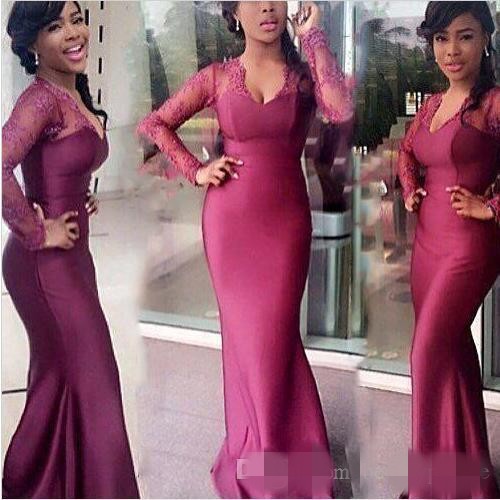 Fuchsia 2020 Cheap Bridesmaid Dresses Long Sleeves V Neck Lace Silk Satin Mermaid Sweep Train Maid Of Honor Gown Plus Size Custom Made