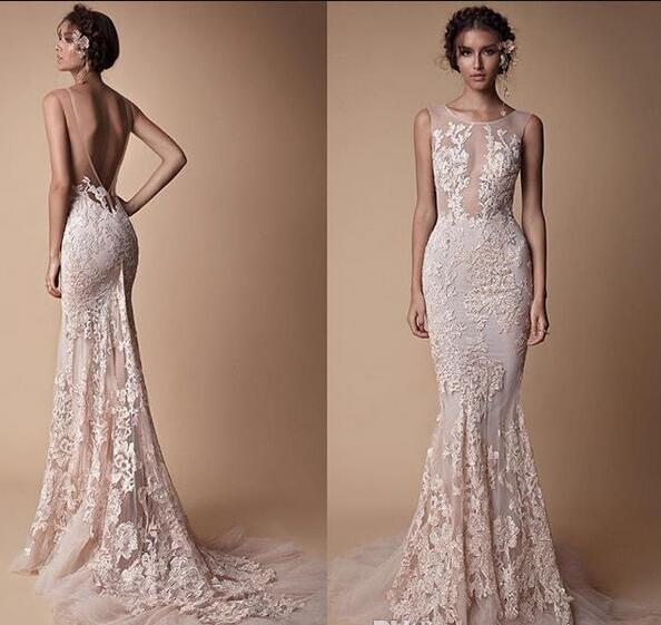 Berta Lace Applique Mermaid sheer wedding Dresses Wear 2020 Sheer Neck Backless Full length Custom Made Fishtail bridal Gowns Cheap