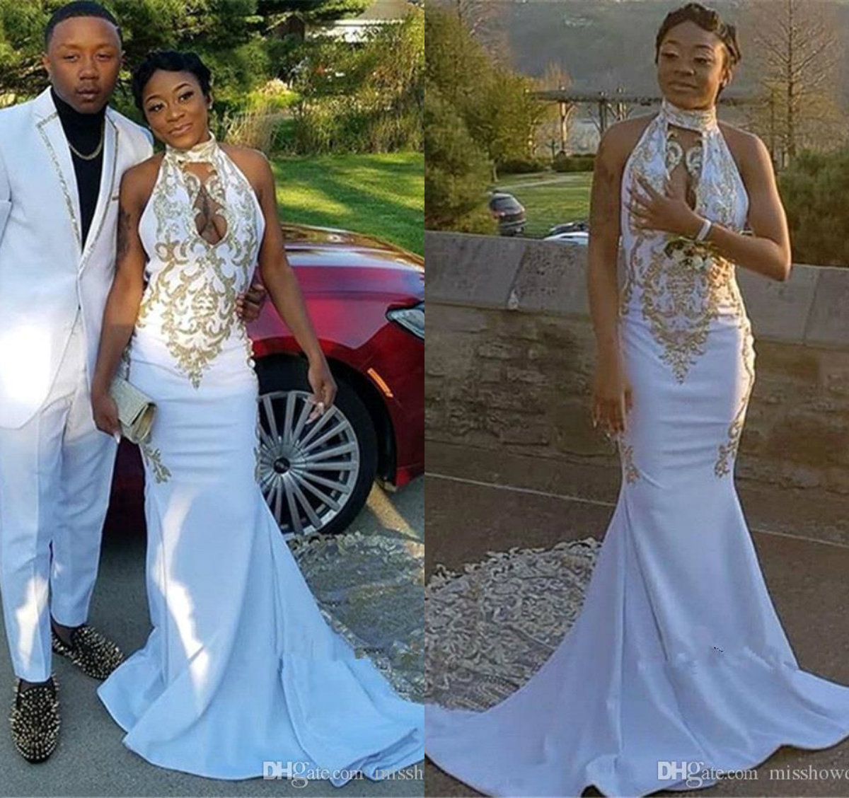 2019 White Prom Dresses With Gold Appliqued High Neck Sweep Train Arabic Mermaid Evening Dress Formal Party Gowns Girls Pageant Dress