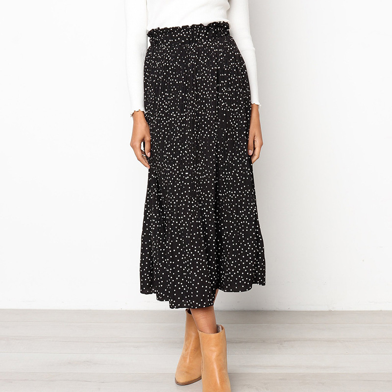 White Dots Floral Print Pleated Midi Skirt Women Elastic High Waist Side Pockets Skirts Summer 2020 Elegant Female Bottom