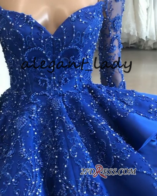 Gorgeous Royal Blue Lace Ruffled Evening 16 Party Debutantes Gowns 2019 Sparkly Beaded Long Sleeve Ball Gown Quinceanera Dresses