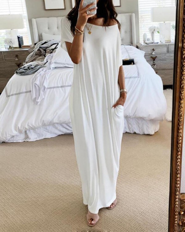Elegant Short Sleeve Ultra Soft Split Flowing Basic Maxi Dress, Black;gray