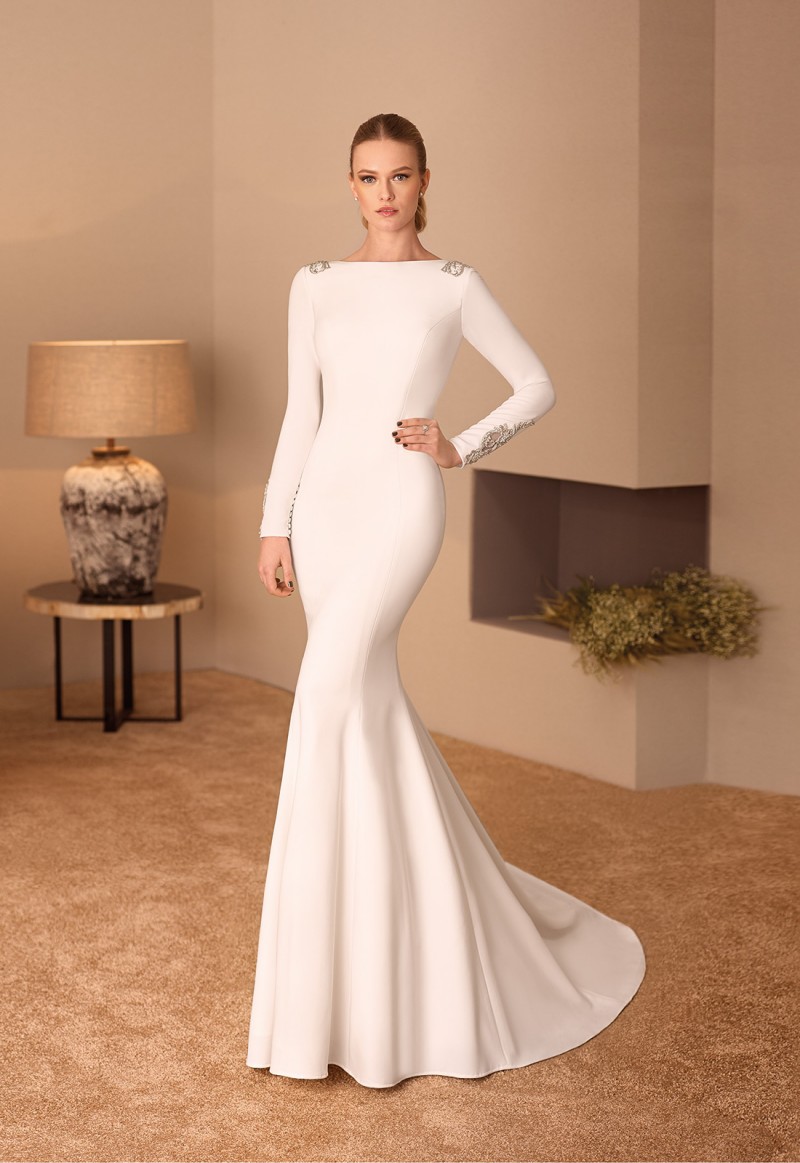 Cabotine 2019 Satin Wedding Dresses Bateau Neck Long Sleeve Mermaid Bridal Gowns Sexy Backless Sweep Train Vestidos Wedding Dress