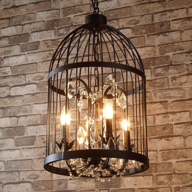 Loft Vintage American Rural creative chandelier clothing store restaurant iron pendant light crystal decorate birdcage pendant lamp