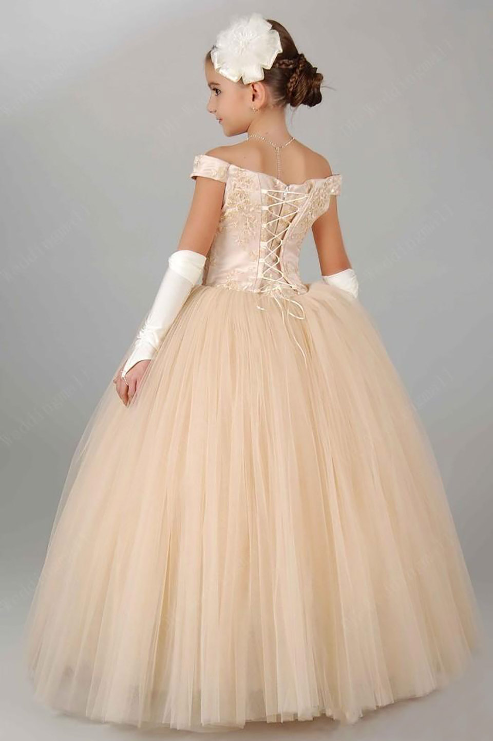 New PrincessFlower Girls Dresses For Wedding Off Shoulder Lace Champagne Princess Party Children For Birthday Cheap Girl Pageant Gowns