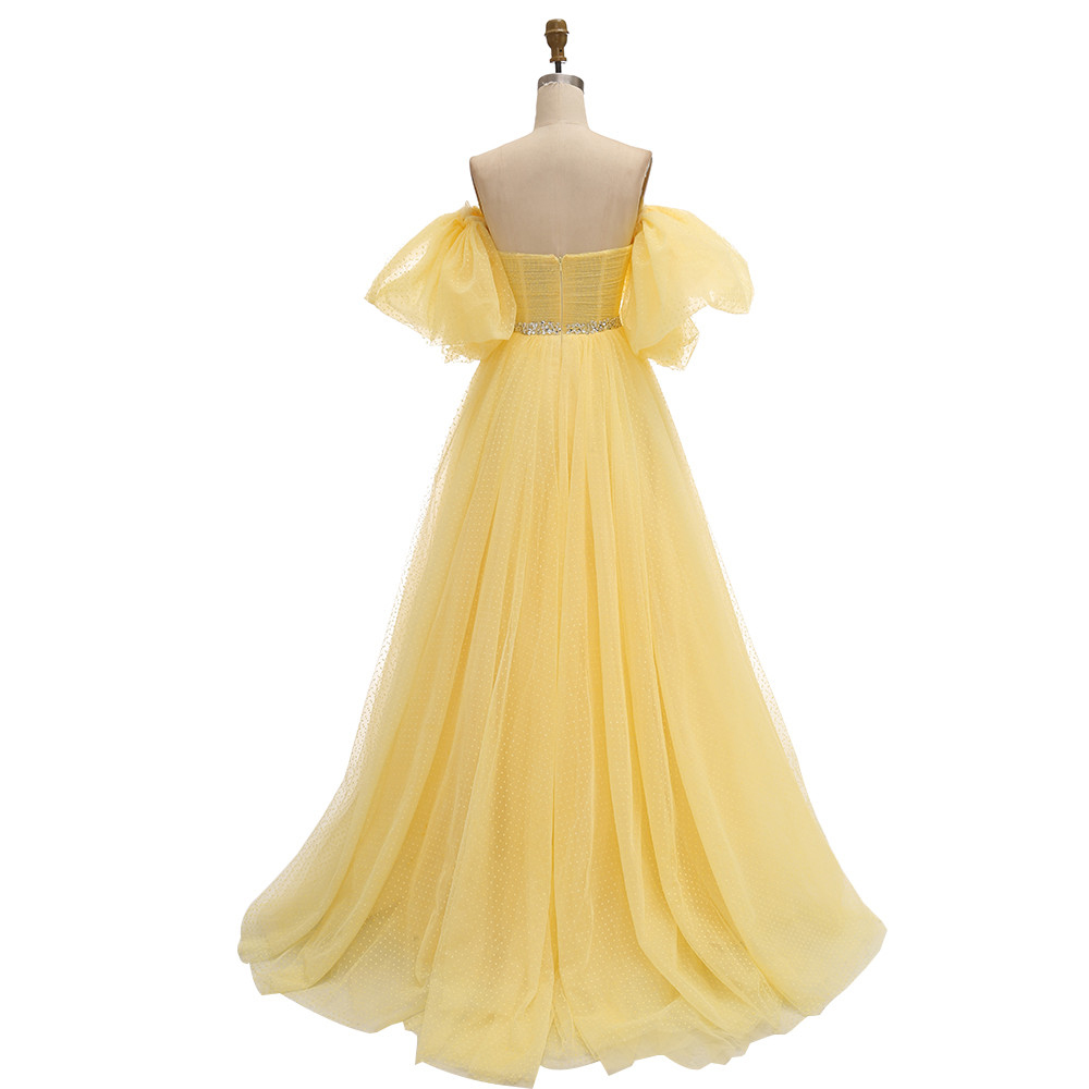 2020 Yellow Prom Dresses Long Pink Party Dress Dot Tulle A-line Evening Gowns Latter Sleeves Elegant Formal Dresses Vestido