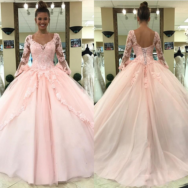 Light Pink Quinceanera Dresses Long Sleeves Ball Gown Princess Sweet 16 Birthday Sweet Girls Prom Party Special Occasion Gowns