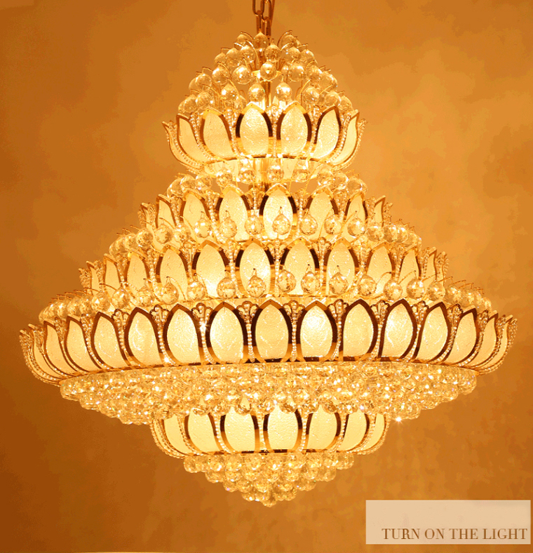 LED Light Modern Crystal Chandeliers Golden Lotus Flower Chandeliers Lights Fixture Gold Hotel Villa Home Temple Big Hanging Lamp European Indoor Ligh