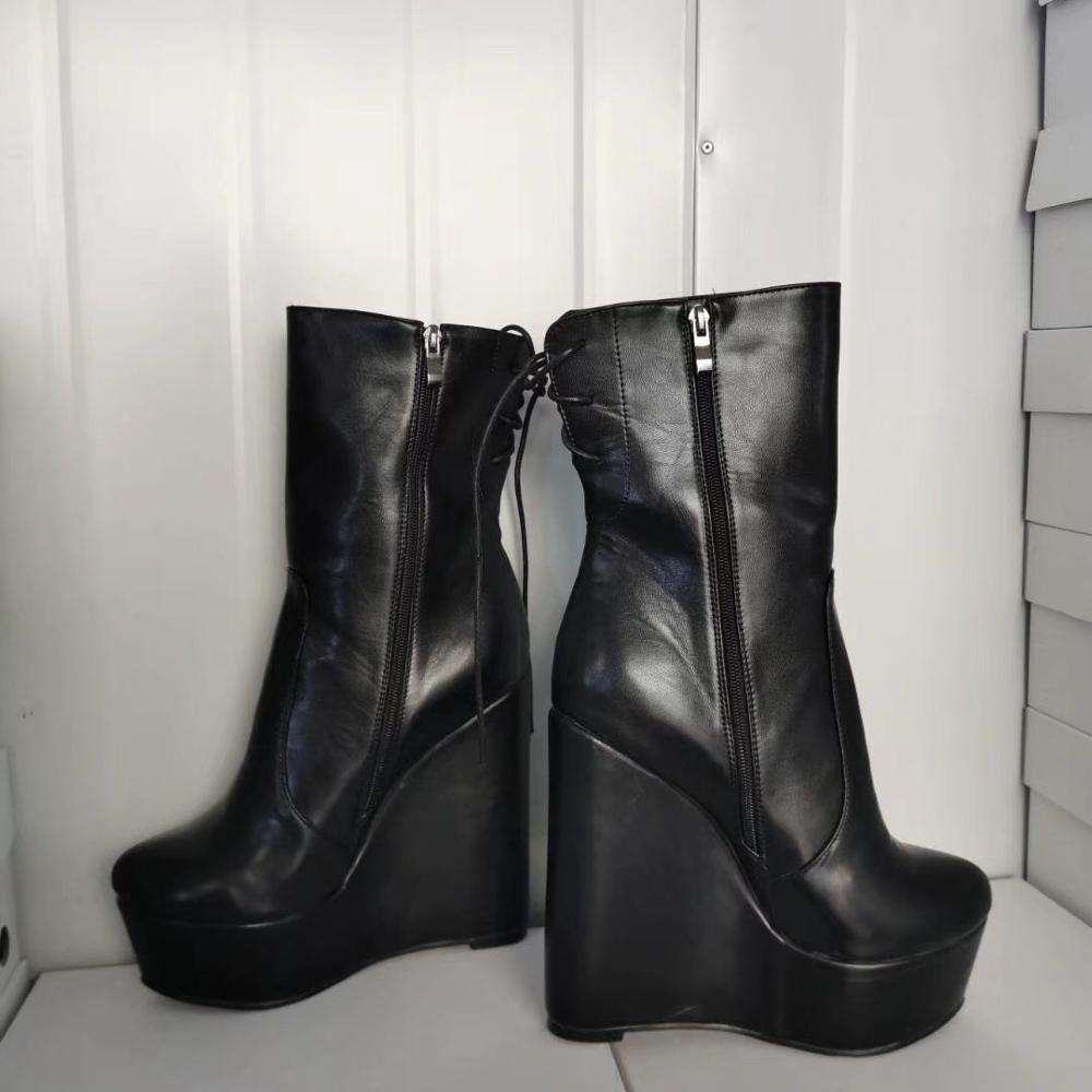 Rontic Handmade Women Winter Platform Ankle Boots Wedges High Heels Boots Round Toe Black Evening Shoes Women Plus US Size 5-20