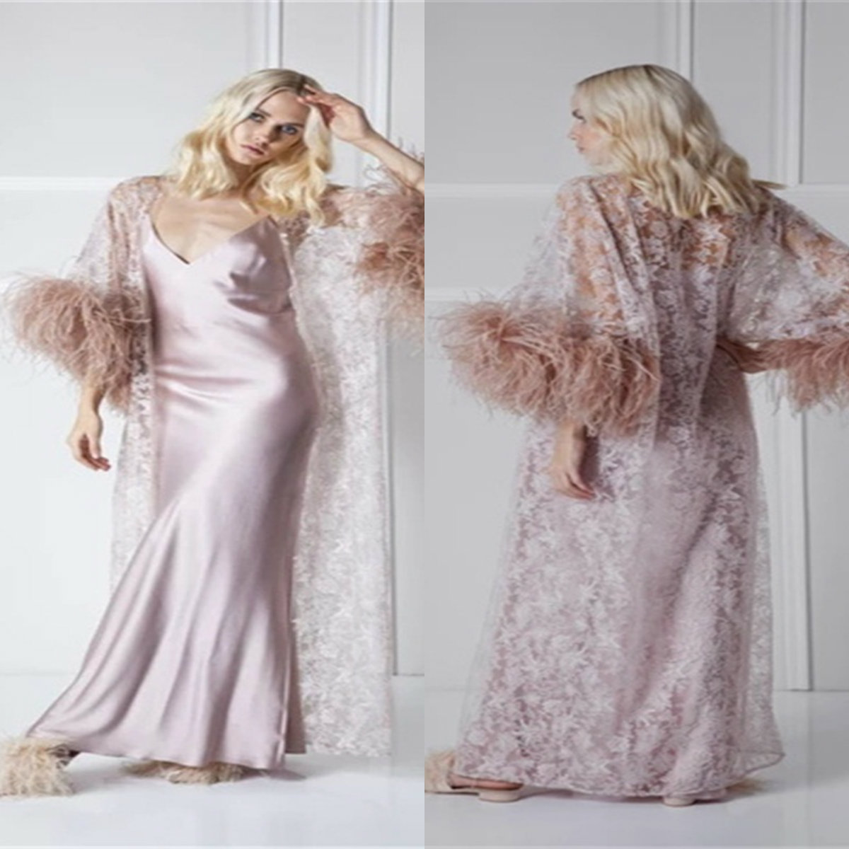 Two Piece Pink Wedding Robes Spaghetti Strap Sleeveless Feather Lace Satin Night Gown For Women Ruched Tulle Illusion Sweep Train Pajamas, White
Two Piece Pink Wedding Robes Spaghetti Strap Sleeveless Feather Lace Satin Night Gown For Women Ruched Tulle Illusion Sweep Train Pajamas, White