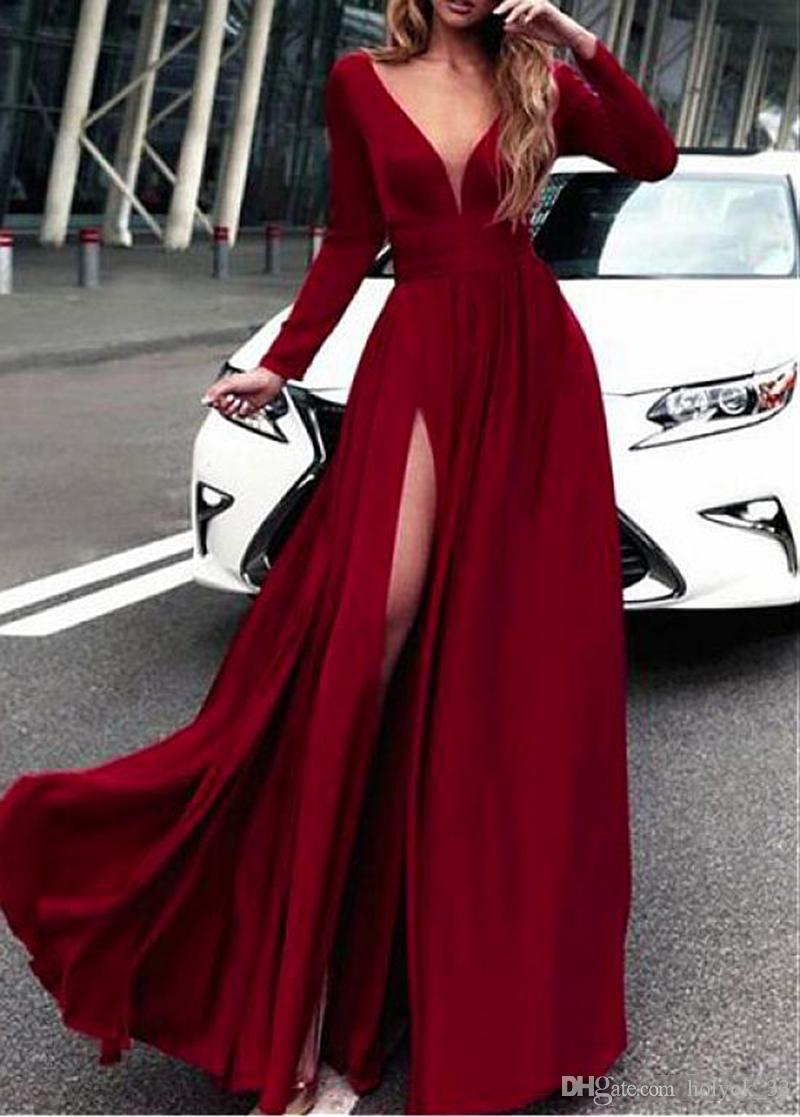 2020 Elegant Red Long Prom Dresses Long Sleeve V Neck Floor Length Backless Evening Gowns Formal Women Special Occasion Party Dresses