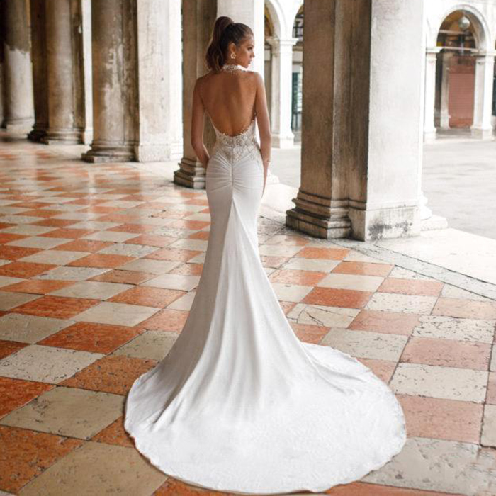 Julie Vino Mermaid Lace Wedding Dresses Sexy Backless Satin Wedding Bridal Gowns with Detachable Train Custom Made