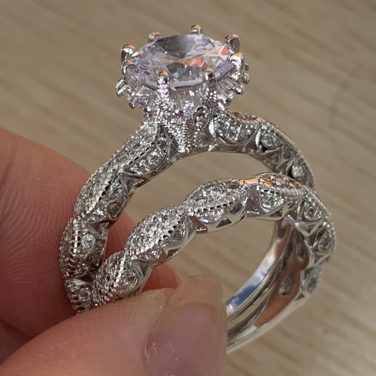 Top Selling New Arrival Vintage Fashion Jewelry 925 Sterling Silver Round Cut White Topaz CZ Diamond Gemstones Wedding Bridal Ring Set Gift