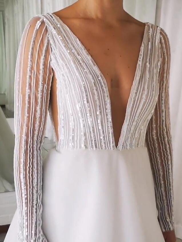 Arabic 2019 Sexy Cheap Beaded Sequins Wedding Dresses Deep V-neck Long Sleeves Bridal Dresses Backless Wedding Gowns ZJ164