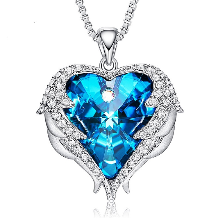 Wholesale- Love Pendant Necklace for women Angel Wings Blue Heart Necklace copper Mothers Day Gift fine jewelry silver plated