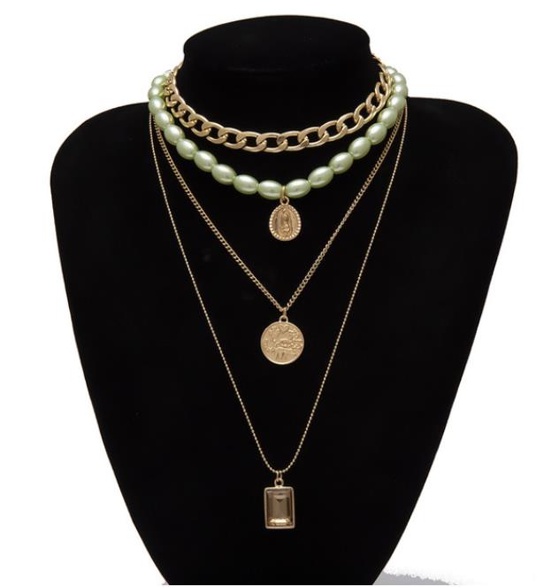 Fashion- Multi Layered Pearl Choker Necklace Collar Statement Virgin Mary Coin Crystal Pendant Necklace Women Jewelry