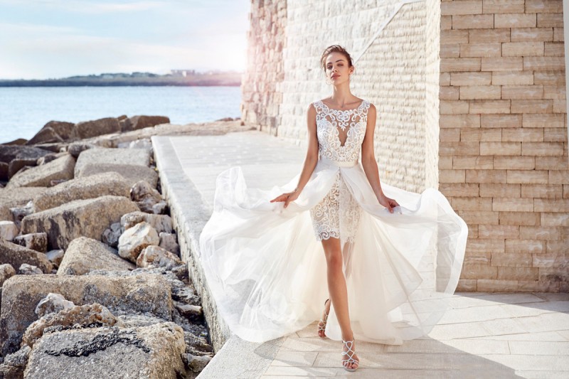 Eddy K 2019 Short Split Wedding Dresses With Detachable Skirt Full Lace Jewel Neck Boho Beach Wedding Dress Bridal Gowns vestido de novia