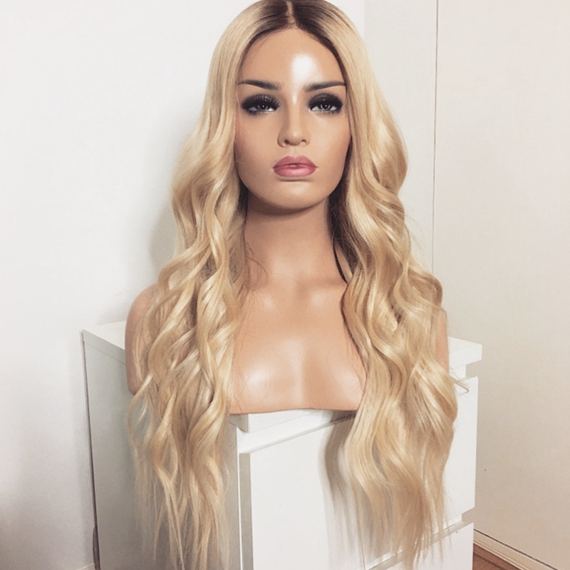Hot beautiful long loose wave Simulation Human Hair wig africa american women style ombre blonde lace front wig synthetic heat resistant