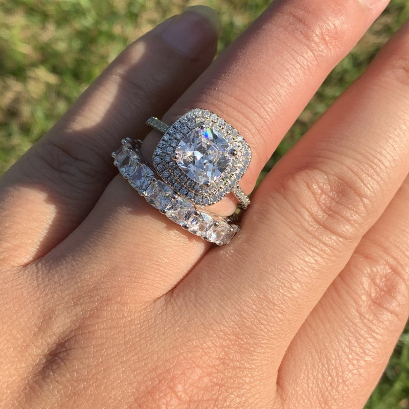 Couple Rings Luxury Jewelry 925 Sterling Silver Cushion Shape White Topaz Pave CZ Diamond Promise Party Women Wedding Bridal Ring Set Gift