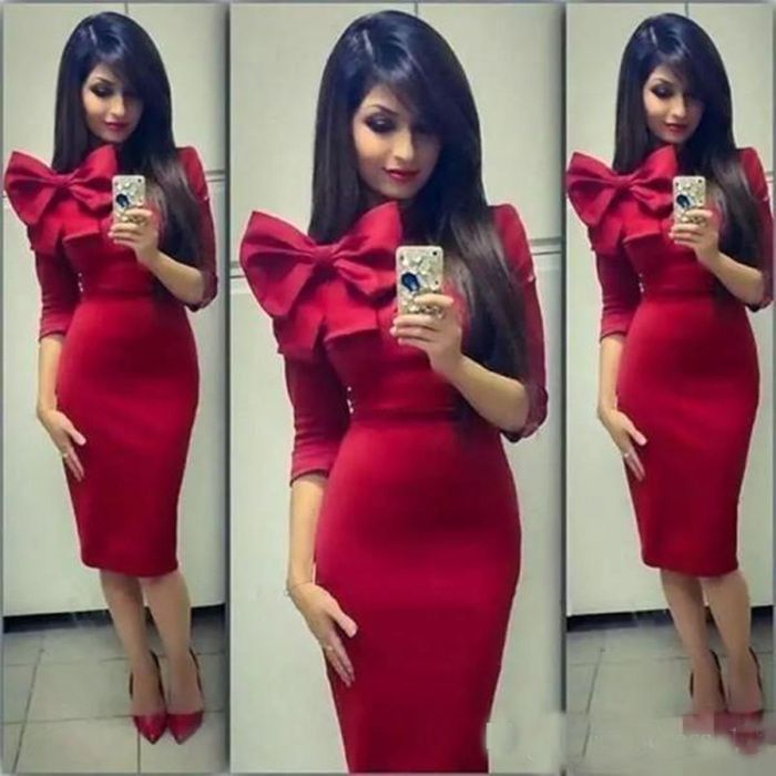 Elegant Cocktail Dresses with Sleeves Jewel Neck Sheath Knee Length Red Satin Christmas Party Dresses with Big Bow