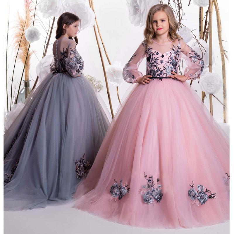 Ball Ful Gown Wer Girl Dresses For Wedding Sheer Jewel Neck Appliqued Toddler Pageant Gowns Long Sleeves Tulle Kids Prom Dress